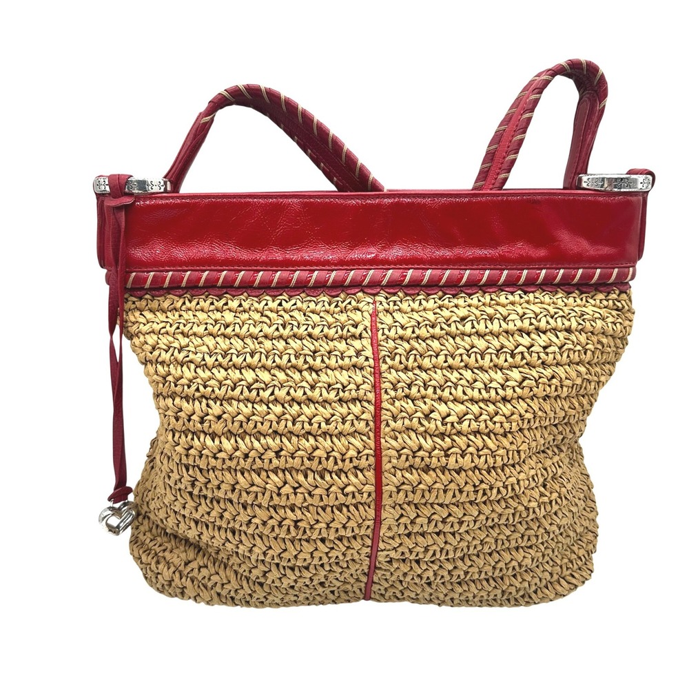 Vintage Y2K Brighton Straw Tote Bag Red Patent Leather Woven Shoulder Bag Heart
